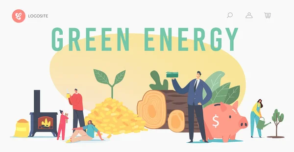 Шаблон посадкової сторінки "Зелена енергія". Люди використовують біовугілля. Сімейні персонажі опалення будинку з біологічним вугіллям — стоковий вектор