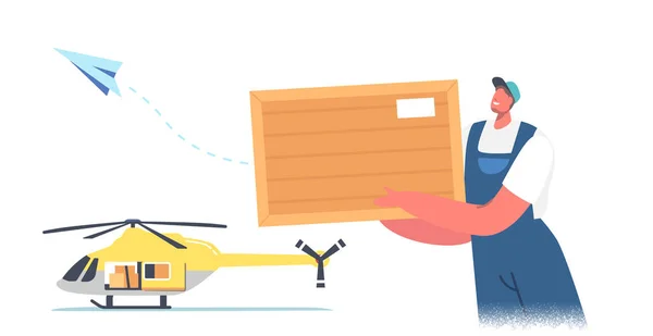 Worker Loader Character Loading Parcel on Helicopter for Air Transportation and Delivering Freight. Aircraft Goods — Stock Vector