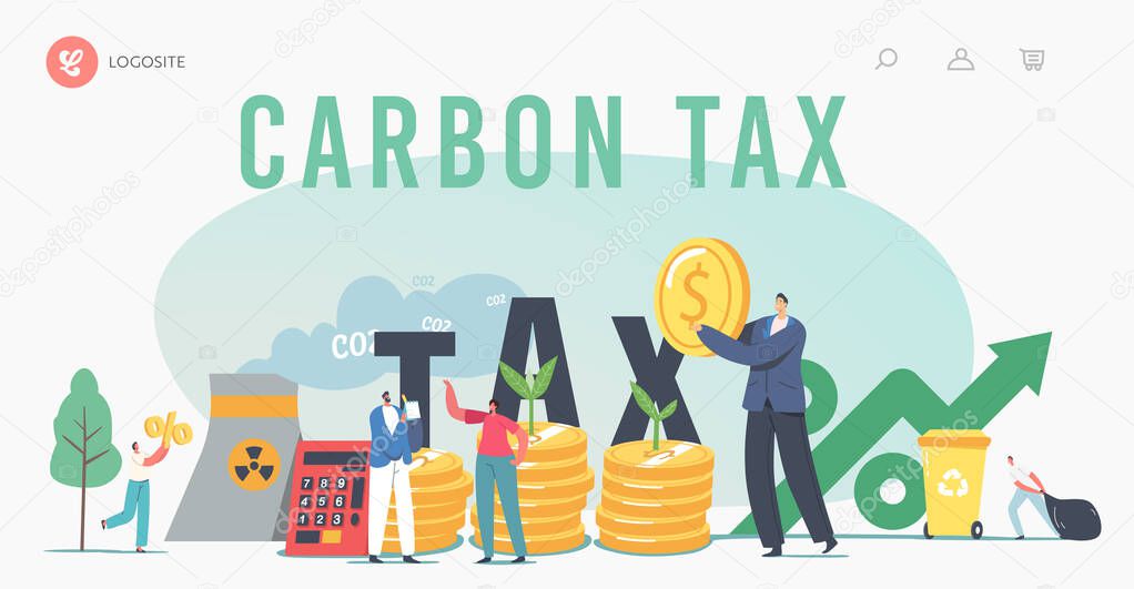 Green Co2 Taxes Landing Page Template. Tiny Characters at Huge Coins Piles with Sprouts and Factory Pipe Emitting Smoke