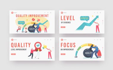 Kalite Geliştirme İniş Şablonu Ayarlandı. Küçük İşadamı Karakteri Seviyeyi Artırmak İçin Büyük Kolu Çekin