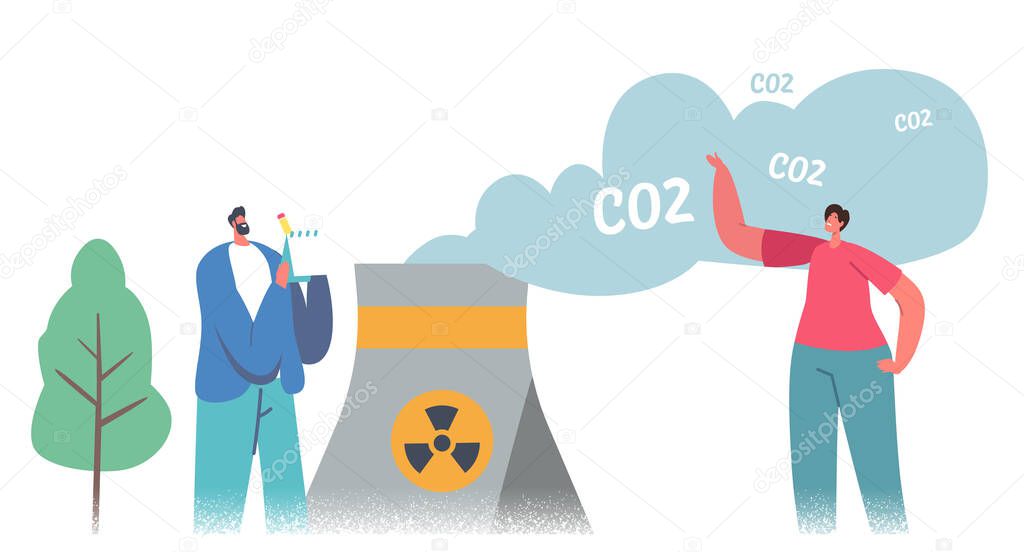 Green Co2 Taxes Concept. Male and Female Characters at Factory Pipe Emitting Toxic Smoke. Taxation for Nature Pollution