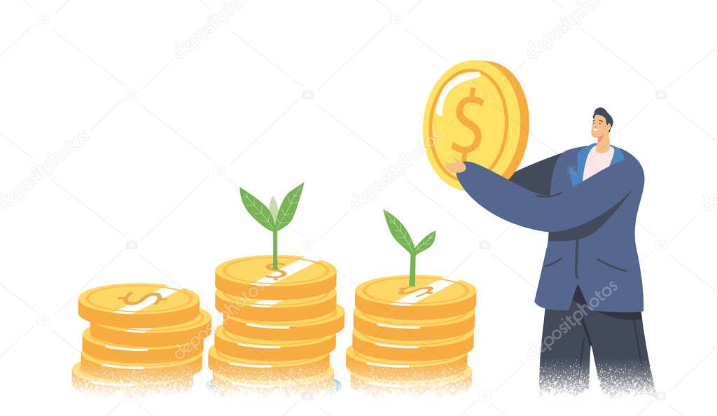 Eco Business Corporate Social Responsibility, Green Co2 Tax Concept. Businessman Character Holding Huge Golden Coin