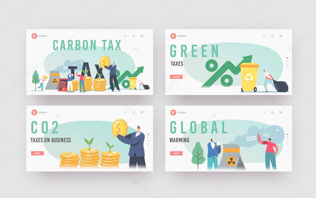 Green Co2 Taxes Landing Page Template Set. Tiny Characters at Huge Coins with Sprouts Growing and Factory Emitting Smoke