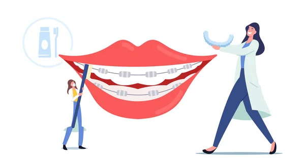 Kleine tandarts Karakters Installeer Tandheelkundige beugels om grote patiënt tanden, orthodontist behandeling, tandheelkunde concept — Stockvector