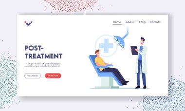 Diş tedavisi sonrası iniş sayfası şablonu. Erkek Hasta Stomatolog Kabinesinde Sandalyede Oturuyor. Doktor Davranış Kontrolü
