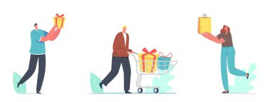 Mutlu İnsanlar Şenlik Yayı ile paketlenmiş hediye kutuları taşıyor. Erkek Kadın Karakterler Aile ve Arkadaşlara Hediyeler Hazırlayın