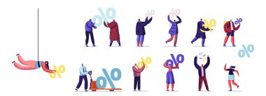 Beyaz Arkaplanda Büyük Yüzdelik İşaretler Tutan Minik Erkek ve Kadın Karakterler Seti. İndirim Tanıtımı