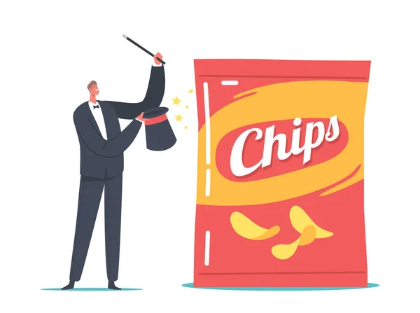 Pequeño personaje mago con varita que presenta trucos de marketing con enorme paquete de chips, espectáculo de intérprete de embalaje falso — Vector de stock