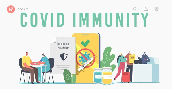 Vacinação de Viajantes, Covid Immune Medical Certificate Landing Page Template. Personagens recebem vacina Passaporte de Saúde —  Vetores de Stock