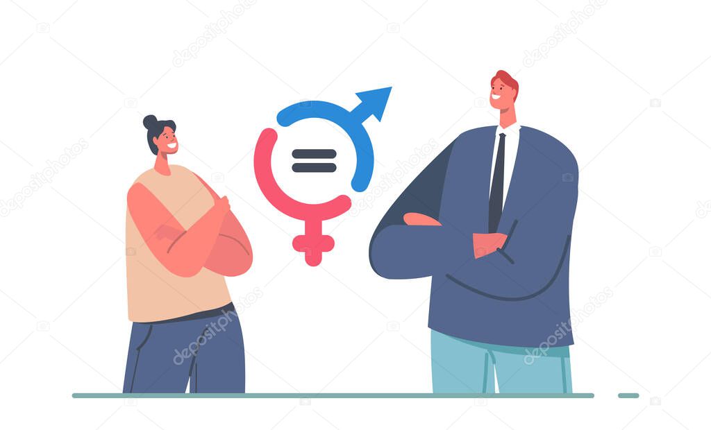Gender Balance and Equality Concept. Businessman and Businesswoman Characters Stand at Equal Rights Symbol, Tolerance