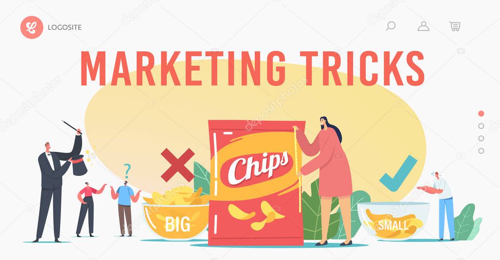 Fake Packaging Marketing Tricks Landing Page Template. Tiny Characters at Huge Bowls with Potato Chips, Magician