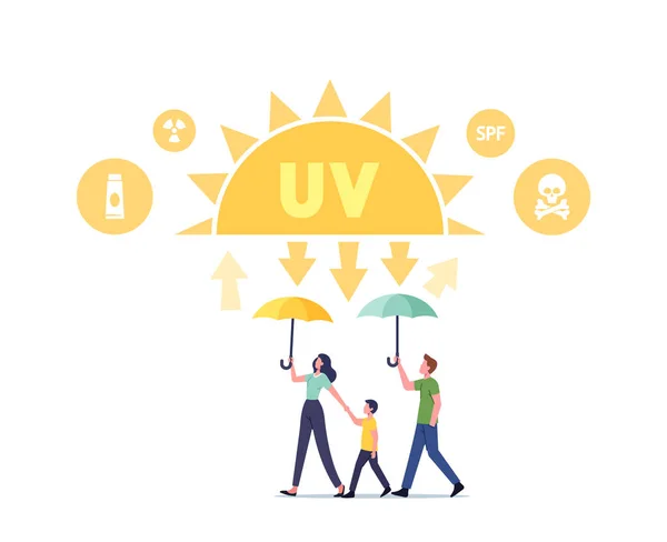 Uv-straling, Solar Ultraviolet Protection Concept. Familie Moeder, Vader en Kind Wandeling met paraplu onder het zonlicht — Stockvector