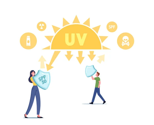 Uv-straling, Solar Ultraviolet Protection Concept. Karakters met schilden reflecteren gevaarlijke zonnestralen. Huidverzorging — Stockvector