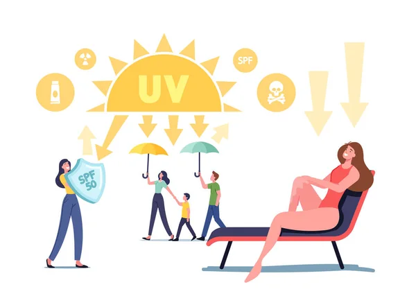Uv-straling, Solar Ultraviolet Protection Concept. Karakters met schilden reflecteren zonlicht, Familie wandeling met paraplu — Stockvector