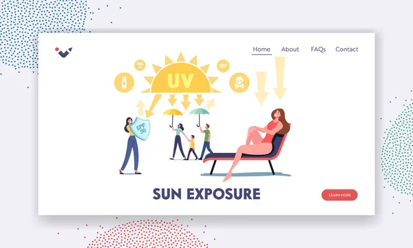 Template van de zonblootstellingspagina van de landing. Uv-straling, UV-bescherming. Karakters met schilden reflecteren zonlicht — Stockvector
