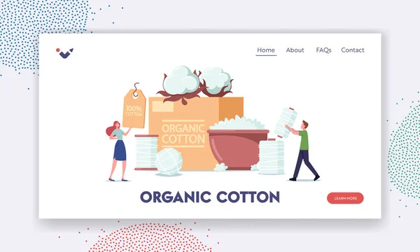 Organikus Cotton Landing Page Sablon. Apró karakterek a Hatalmas Virágok és Fonál Spools-ban. Az emberek ökológiai rostot használnak. — Stock Vector