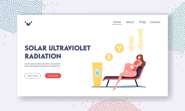 Uv Straling, Solar Ultraviolet Landing Page Template. Vrouw bruin op Chaise Longue beschermen van de huid met Spf Lotion — Stockvector