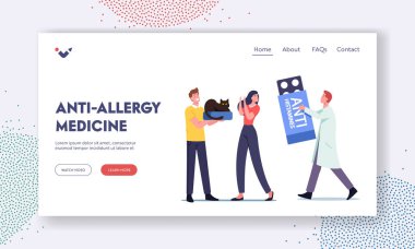 Anti-Allergy Medicine Landing Page Template. Doctor Character Prescribe Anti Histamines to Woman with Allergy on Cat Fur clipart