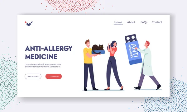Anti-Allergy Medicine Landing Page Template. Lékařská postava předepsat Anti Histamines na ženu s alergií na kočičí kožich — Stockový vektor