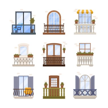 Pencere ve Balkon Dış Mimarisi Dekorasyonu. Demiryolu ile Vintage ve Modern Facade Duvarı