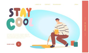 Açık hava Yaratıcı Hobi, Art Landing Page Şablonu. Asphalt 'da Sokak Sanatçısı Erkek Karakteri. Boyacı Tutma Fırçası