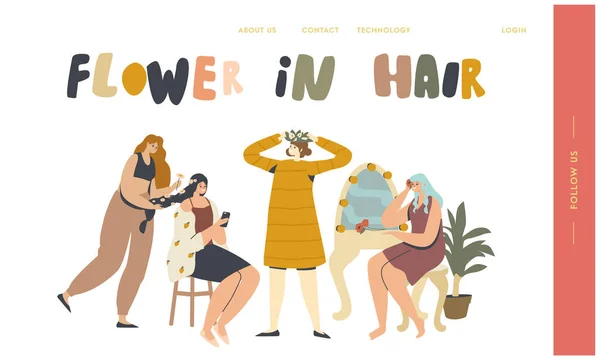 Personajes femeninos Decora Flores de Pelo Plantilla de Landing Page. Las mujeres hacen peinado con corona de flores para la boda — Vector de stock