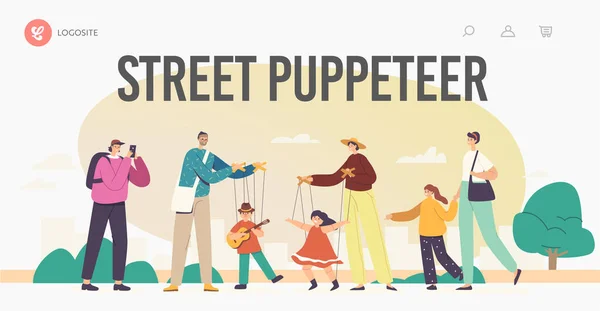 Вуличні художники Puppeteer персонажі виступають шоу з Marionette Dolls Landing Page шаблон. Туристичне фото — стоковий вектор