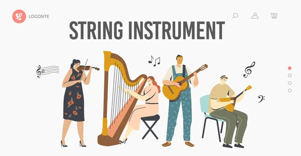 Müzik İniş Şablonu Çalan Karakterler. Stringed Instruments ile Sahnede Sahne alan Müzisyenler — Stok Vektör