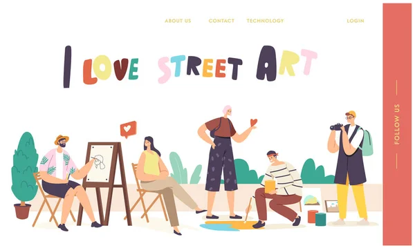 Street Artists Trabalho Landing Page Template. Man Painting Portrait of Girl Sitting in Front of Easel (em inglês). Desenho do pintor — Vetor de Stock