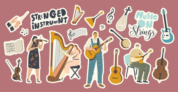 Stickers Stringed Instruments Teması. Müzisyen Karakterleri Keman, Harp, Gitar ya da Balalayka Üzerine Müzik Çalıyor — Stok Vektör