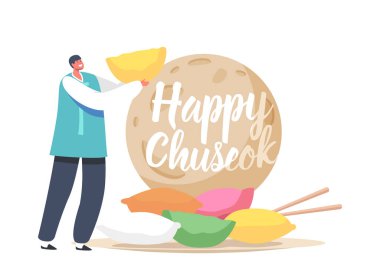 Chuseok Tteok Korean Tradition Concept. Tiny Happy Asian Male Character Wearing Traditional Costume Holding Songpyeon clipart