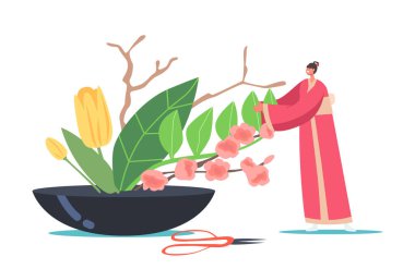 Asya Kültür ve Sanat. Japon İkebana Konsepti. Geleneksel Japonya 'da Küçük Kadın Kimono Çiçeksel Kompozisyon Oluşturdu