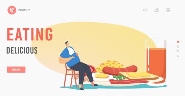 Lezzetli Yemek İniş Sayfa Şablonu. Erkek Karakter Geleneksel İngilizce Full Fry Up Breakfast ile Büyük Tabakta Oturur