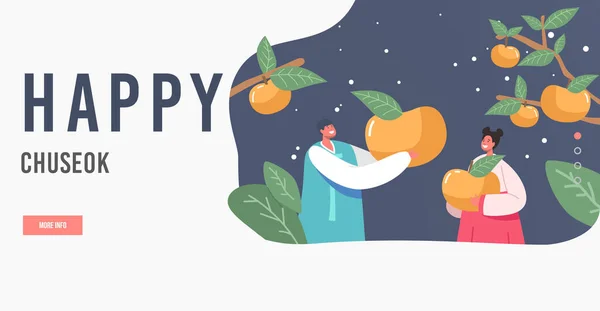 Happy Chuseok Landing Page Template. Glückliche asiatische Kinderfiguren in traditionellen Kostümen Hanbok Holding Persimmons — Stockvektor