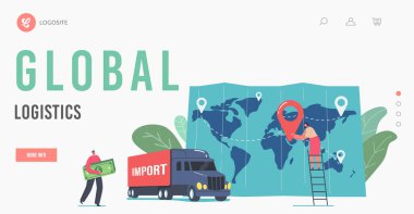 Global Lojistik İniş Sayfa Şablonu. Kargo İhracat ve İthalat. Tiny Business Man Karakteri Para Taşır