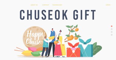 Chuseok Tteok İniş Şablonu. Geleneksel Kostümleri Giyen Mutlu Asyalı Çocuk Karakterleri Ailesi Hanbok