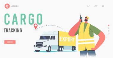 Kargo İniş Sayfa Şablonu. İçeriye Aktarma Lojistiği Taşımak İçin Taşımacılık yapan İşçi Erkek Karakteri Durağı