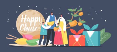 Chuseok Tteok Kore Geleneği. Geleneksel Kostümleri Giyen Mutlu Asyalı Çocuk Karakterleri Ailesi Hanbok