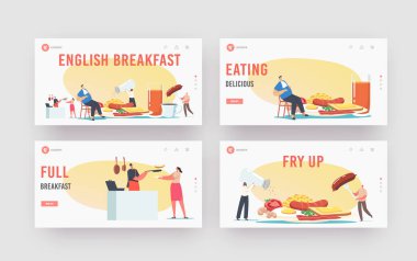 English Full Fry Up Breakfast iniş sayfası şablonu. Dev Tabak 'taki İnce Karakterler Domuz pastırması, Yumurtalı Sosisler