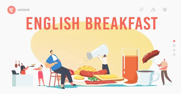 Inglês Full Fry Up Breakfast Landing Page Template (em inglês). Personagens minúsculos na placa enorme comer bacon de refeição, salsichas com ovos — Vetor de Stock