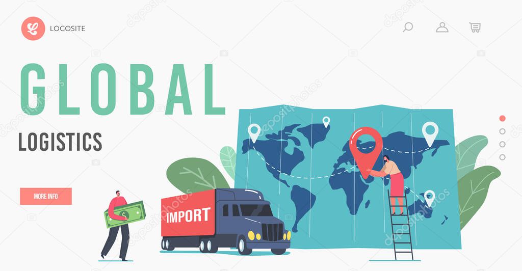 Global Logistics Landing Page Template. Cargo Export and Import. Tiny Business Man Character Carry Money Bill