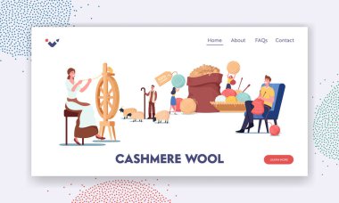 Cashmere İniş Sayfası Şablonu. Kadın Yün Döndüren Tekerlek, Çoban Keçileri, Erkek Örgü