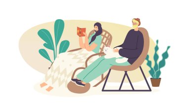 İnsanlar Sandalyeler Konsepti 'nde rahatlar. Rahat Genç Kadın Ev Okuma Kitabı 'nda Wicker Wicker Sandalyesi ya da Koltuğa Oturur