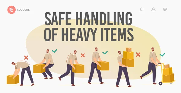 Safe Handling of Heavy Items Landing Page Template. Right and Wrong Manual Lifting of Goods. Character Carry Boxes — Stock Vector
