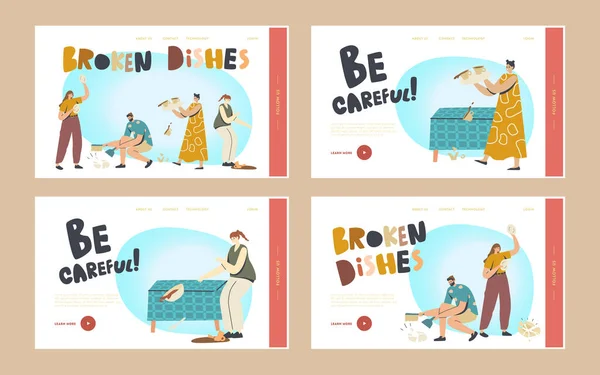 Onhandige personages Break Dishes Landing Page Template Set. Mannen en vrouwen Breaking Plates Smithereens met kleine stukjes — Stockvector