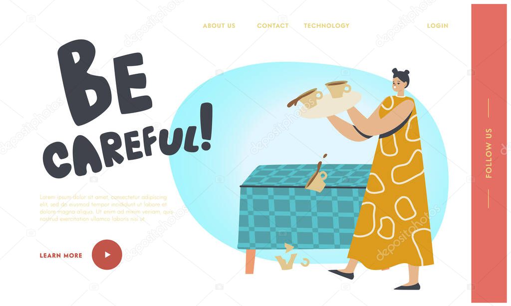 Sudden Occurrence on Kitchen Landing Page Template. Female Character Drop Tray with Coffee Cups. Clumsy Housewife
