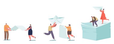 Mutlu İnsanlar Origami Hobisi. Minik Erkek ve Kadın Karakterler Büyük Kağıt, Uçak ve Gemi Figürleri Oluşturuyor