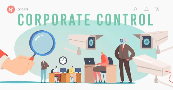 Template voor de landingspagina van Corporate Control. Zakelijke karakters onder Chef Observatie op het werk, Hand Hold Enorme Glas — Stockvector