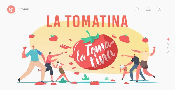 La Tomatina Landing Page Template. Celebración del Festival del Tomate. Personajes felices arrojan vegetales a los demás — Archivo Imágenes Vectoriales