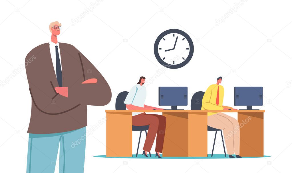 Boss with Crossed Arms Stand behind of Clerks or Manager Employees Sit at Desk Working on Computers. Corporate Control